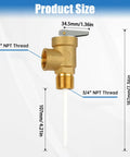 Front view of brass 210°F/150 PSI T&P relief valve with lever and extension probe, 3/4 in NPT.