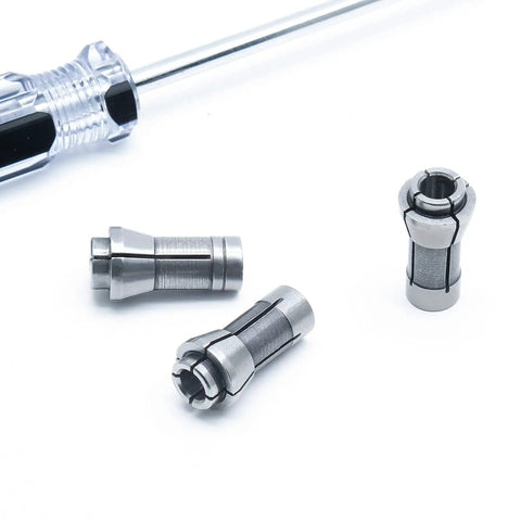 Four Pack Die Grinder Collet Set For One Quarter And One Eighth Inch Bits, showing four steel collets on white background
