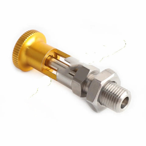 Tough As Nails Self Locking Indexing Plunger With Fine Thread Aluminum Knob And Durable Carbon Steel M5 To M16, close-up view.