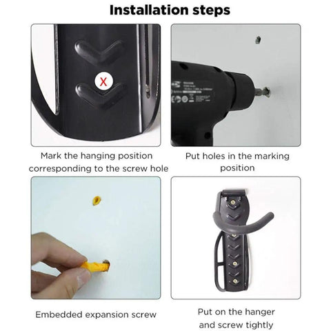 Installation steps for Heavy Duty Wall Mount Bike And E Scooter Hanger With Padded Tire Grooves, showing tools and mounting process.
