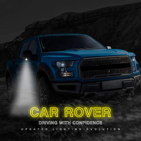 Blue truck with illuminated Full LED Side Mirror Puddle Light Assembly With 6000K Xenon White Replacement in a dark landscape