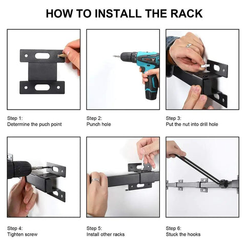 Step-by-step installation guide for Heavy Duty Garage Ski Storage Rack Wall Mount Holds Up To 10 Pairs Of Skis And Snowboards.