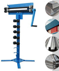 Pro Grade Manual Bead Roller With Six Dies Set for sheet metal fabrication, side view of heavy duty hardened steel tool with crank handle.