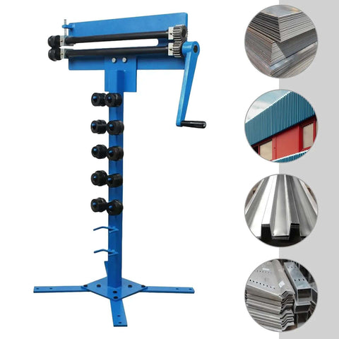Pro Grade Manual Bead Roller With Six Dies Set for sheet metal fabrication, side view of heavy duty hardened steel tool with crank handle.