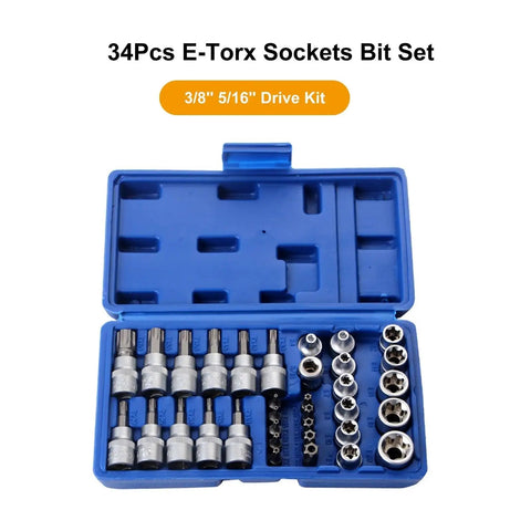 34-piece E-Torx socket bit set in blue storage case, 3/8 and 5/16 drive, steel bits for repair work