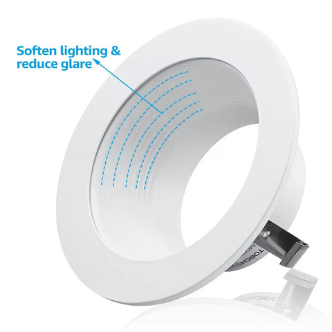 12 Pack 4 Inch Classic White Recessed Light Trim With Metal Step Baffle Ring showing softening lighting effect on glare
