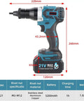 Badass Cordless Electric Rivet Gun Heavy Duty Automatic Rivet Nut Tool Rechargeable Pro Setup shown with dimensions and battery info.