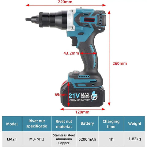 Badass Cordless Electric Rivet Gun Heavy Duty Automatic Rivet Nut Tool Rechargeable Pro Setup shown with dimensions and battery info.