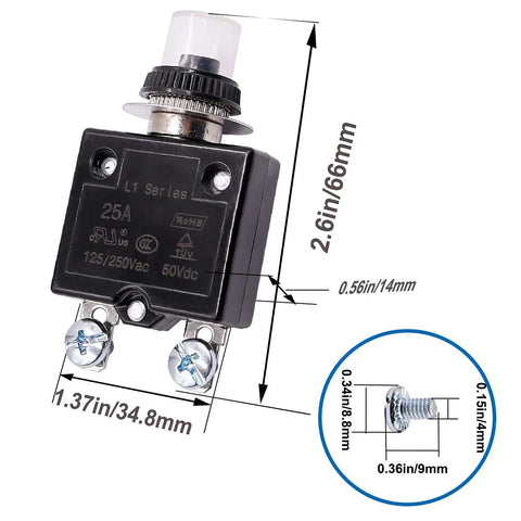 Two Pack 20A Push Button Resettable Circuit Breakers For 125 To 250V AC And 50V DC L1 Series Thermal Overload Protectors