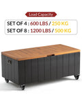 Heavy Duty 2 Inch Swivel Caster Wheels With Total Lock Brake Steel Build Set Of 8 Smooth Rolling Cart Casters Built Bad Ass Tough For Furniture And Worktables shown on a container with wooden top and load capacity.