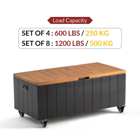 Heavy Duty 2 Inch Swivel Caster Wheels With Total Lock Brake Steel Build Set Of 8 Smooth Rolling Cart Casters Built Bad Ass Tough For Furniture And Worktables shown on a container with wooden top and load capacity.
