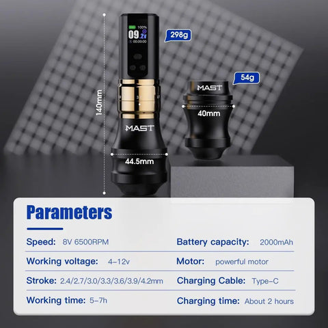 Fold2 Pro Tattoo Gun Kit Complete Tattoo Machine with 2000mAh Battery Mcore C1 Motor Gold Color 7 Stroke Options 140mm Length 250g Weight 40 44mm Grip Pro Level Tattooing for Serious Artists, 140mm