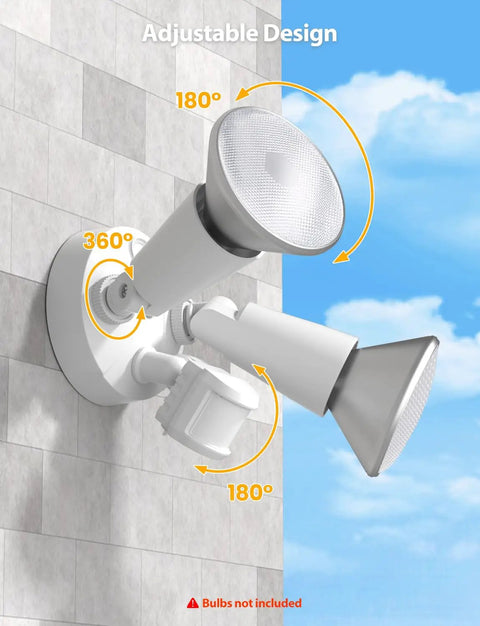 Badass Dual Head Motion Sensor Flood Lights With E26 PAR38 Sockets And Dusk To Dawn Auto Trigger, Hardwired Outdoor Security Spots For Garage Driveway Porch In Crisp White