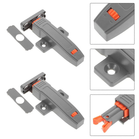 Heavy Duty Push Door Catch Kit For Cabinets And Pantry, Adjustable Self-Closing Latch, gray components close-up.