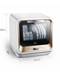 Hassle Free Plug And Play Slick Countertop Dishwasher Fully Automatic Mini Desktop Cleaner displaying plates inside, dimensions noted.