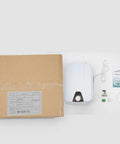 Straight Up Instant Hot Water Electric Heater 1500W Compact Mini Tank with accessories in packaging, instruction manual, and installation parts.
