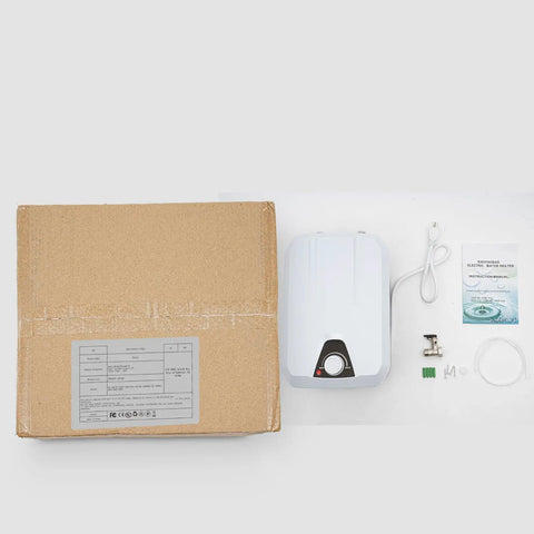 Mini Under Sink Water Heater Provides Straight Up Rapid Heating In A Compact Two Point One Gallon Size with accessories and packaging.