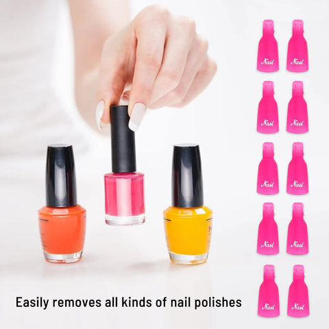 Hand holding pink nail polish with 10 Pcs Pink Reusable Nail Polish Remover Clips Set For Gel Nail Removal Soak Off Caps on the side