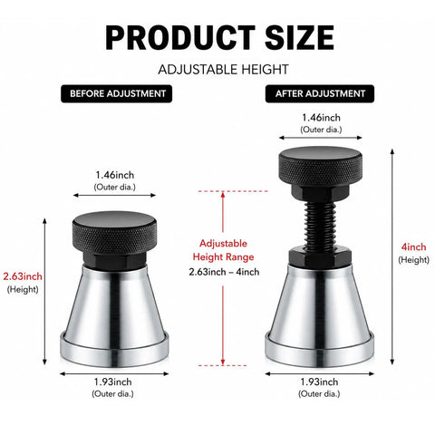 Top Notch 2 Pack Adjustable Machine Screw Jacks 5 Ton Capacity size comparison before and after adjustment showing height range.