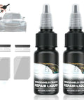 Two bottles of Ultimate Windshield Repair Kit For Chips And Cracks 2025 Upgrade with accessories, displayed in front of a car diagram.