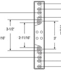 Technical diagram of Universal Sliding Door Outside Pull Diecast Construction Painted Black Nonlocking With 7-Hole Center Options From 2 5/8 Inches To 6 7/8 Inches, dimensions labeled.