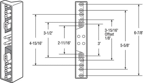 Technical diagram of Universal Sliding Door Outside Pull Diecast Construction Painted Black Nonlocking With 7-Hole Center Options From 2 5/8 Inches To 6 7/8 Inches, dimensions labeled.