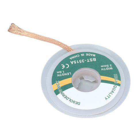3.5mm Wide Desoldering Wick Alloy Copper No Clean Solder Removal Braid, 1.5 Meter Long, spool with visible braid end