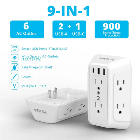 Power Strip With Wall Mount, 6 Outlets And 3 USB Ports Including 1 USB C Fast Charge, 3.4A Total, 900J Surge Protector