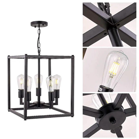 Five Light Black Lantern Pendant Chandelier For Foyer And Dining Room, Vintage Industrial Farmhouse Style Lighting With Bird Cage Metal Frame