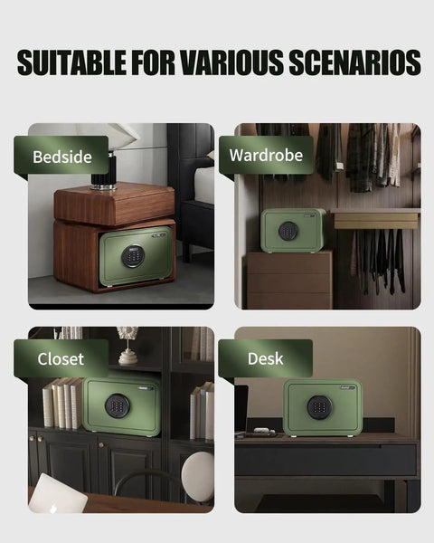 Built Tough Steel Safe With Keypad, 1.0 Cu Ft Personal Security Lock Box, shown in various home settings like bedside, wardrobe, closet, desk