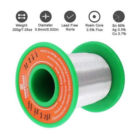 Rosin Core Lead Free Solder Wire 0.8mm 200g 0.032in Sn99 Ag0.3 Cu0.7 Alloy spool illustration with product details