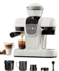 White Semiautomatic Espresso Machine With Built In Grinder And Adjustable Steam Wand 20 Bar Pump For Silky Crema Home Barista Vibes Smooth Daily Grind Fresh Bean Hopper with coffee cup.