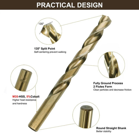 Closeup of a single bit from Cobalt Drill Bit Set 29 Piece M35 High Speed Steel Jobber Bits with design features highlighted.