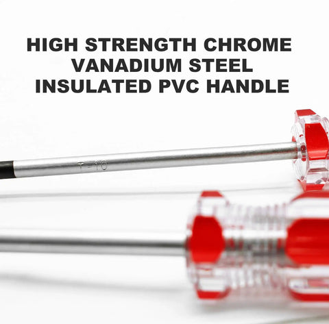 Top-Shelf T10 Security Torx Screwdriver Equipped with a Magnetic Tip and Insulated PVC Handle, Made of Rust-Resistant Chrome Vanadium Steel for Heavy-Duty Repairs, featuring a close-up on the shaft and handle.