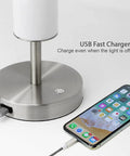 Dimmable LED Cylinder Table Lamp With 360 Degree Illumination And Three Color Temperatures Easy Touch Dimmer Brushed Nickel Finish with USB charger