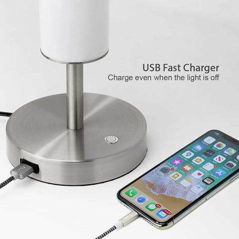 Dimmable LED Cylinder Table Lamp With 360 Degree Illumination And Three Color Temperatures Easy Touch Dimmer Brushed Nickel Finish with USB charger