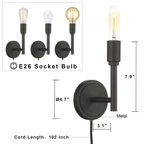 Industrial Minimalist Wall Sconces Set Of 2 Plug In Wall Lamps With On Off Switch For Living Room Bedroom And Bathroom Vanity Black With E26 Base Compatibility For LED CFL Halogen And Incandescent Bulbs Not Included