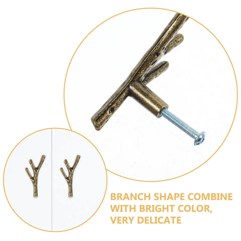 Close-up of gold finish branch shaped handle with screw. Branch Shaped Cabinet Handles Four Piece Set Vintage Retro Metal Drawer Knobs For Wardrobe Kitchen Bathroom Cupboard Easy Install Single Hole Mount Classic Furniture Pulls For Cabinets And Doors.