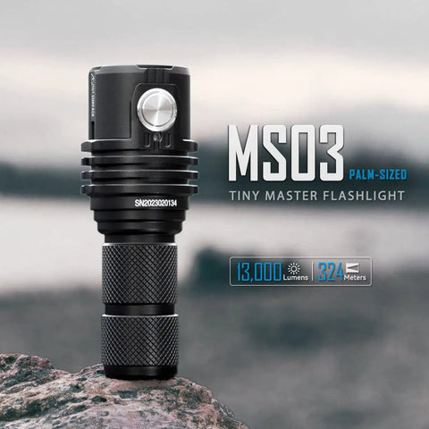 Ultra Bright EDC Flashlight 13000 Lumens, Rechargeable Pocket Light on rocky surface, compact design, emergency prep