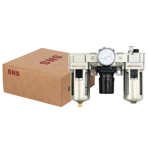 Half Inch Npt All In One Three Unit Frl Combo For Compressed Air With Water Oil Trap Semi Auto Drain Brass 5 Micron Filter Gauge And Poly Bowl
