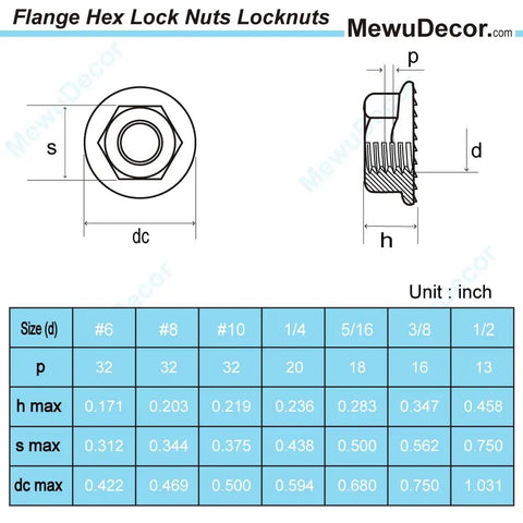 Flange Hex Lock Nuts dimensions with sizes and measurements displayed for Heavy Duty 5/16 Inch Hex Serrated Flange Lock Nuts With Black Oxide Coating Built Tough As Nails Using Grade 304 Stainless Steel 18 8 For Zero Hassle Installation And Bulletproof Grip In A 25 Piece Pack.
