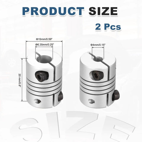 Two Pack Flexible Shaft Couplers 4 To 6.35mm Bore 20mm Long 15mm Diameter Aluminum Alloy Joint Connector For Stepper Motors Ideal For 3D Printers CNC Machines DIY Encoders And Transmission Projects, size chart