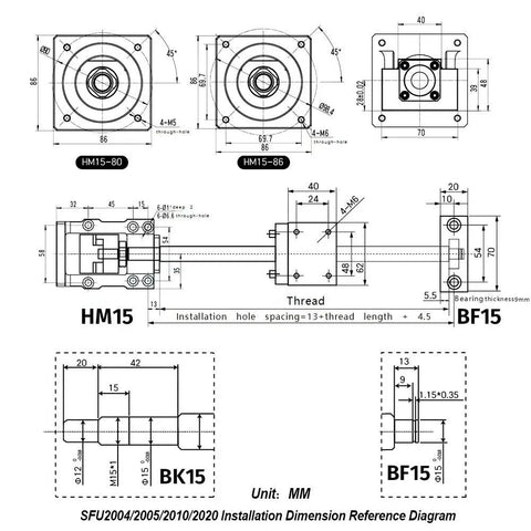 Heavy Duty 20mm C7 Ballscrew Kit For CNC With Single Nut SFU2005 10 Length Choice installation dimension reference diagram