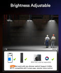 Smart Bluetooth UFO LED High Bay Light With Motion Sensor 100W 16,000 Lumens 5000K Dimmable in warehouse setup with control icons