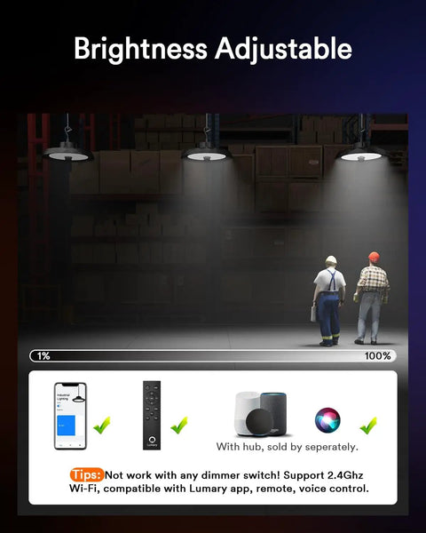 Smart Bluetooth UFO LED High Bay Light With Motion Sensor 100W 16,000 Lumens 5000K Dimmable in warehouse setup with control icons