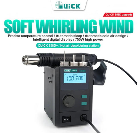 858D Plus Hot Air Desoldering Station With LCD Display Pro Grade Rework Tool shown powered on with temperature settings visible.