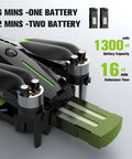 Close-up of 1080P FPV Camera Drone For Beginners With Foldable Quad Copter Design showing battery slots and endurance time details