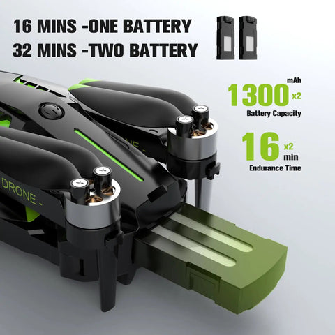 Close-up of 1080P FPV Camera Drone For Beginners With Foldable Quad Copter Design showing battery slots and endurance time details