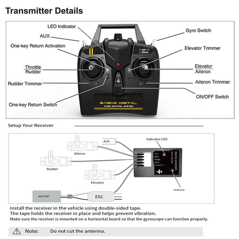 Transmitter details for Extra Large 29.5 Inch P51 Mustang Remote Control Combat Aircraft 4CH Brushless RC Plane With Dual Batteries
