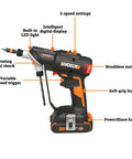 Beast 20V Cordless Drill Driver With Brushless Motor, 445 Inch-Pound Torque, side view showing features and PowerShare battery.